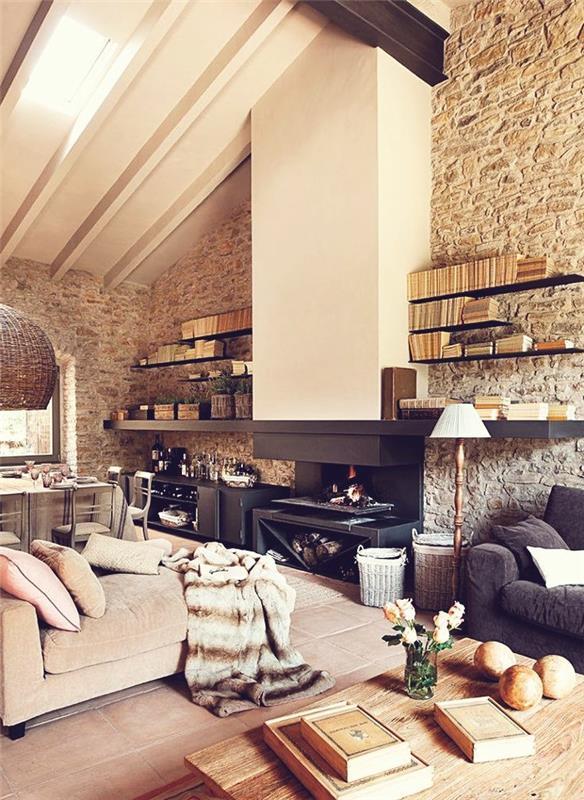 1-faux-stone-wall-for the-loft-style-living-room-البيج-القرميد-الأرضية والسقف المنحدر