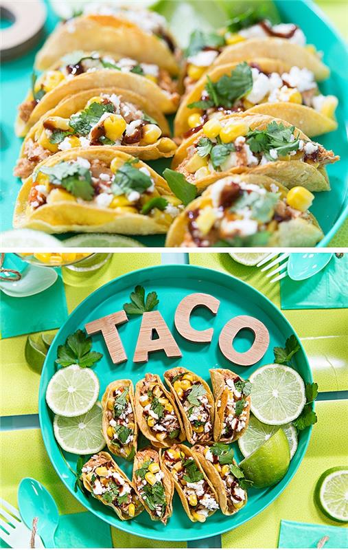 mini tacos, arrangerade på turkos, rund bricka, recept på nöt taco, limeskivor på sidan