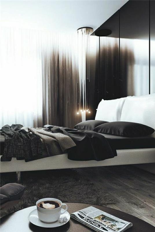 Idé abbinamento colori camera da letto, grigio e nero, pavimento in legno parket e tappeto