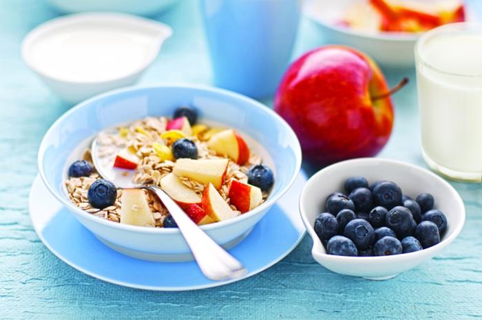 Colazione con un piatto di jogurt e cereali, aggiunta di frutta e mirtilli