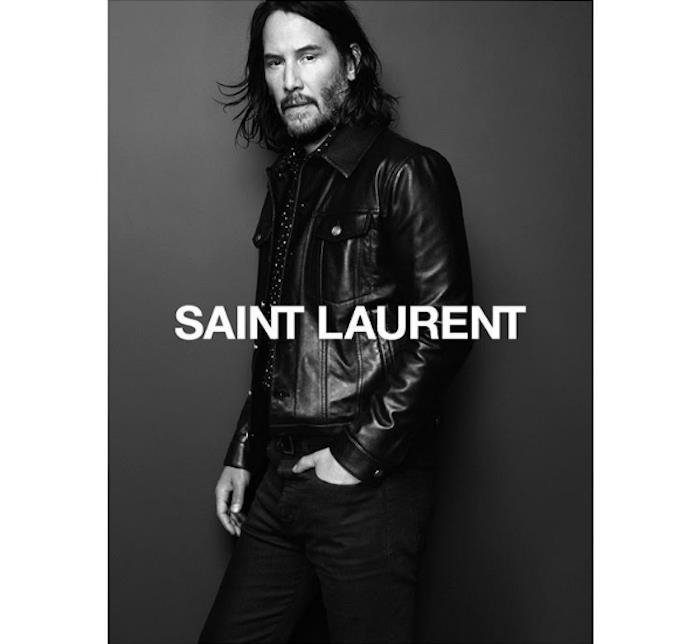 foto Keanu Reeves för Saint Laurents höstvinter 2019 Instagram -kampanj med svart läderjacka och prickig skjorta