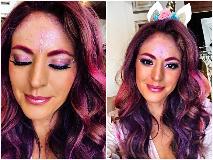 enkel halloween -smink för en ren enhörning, lila och glittrande ögonmakeup