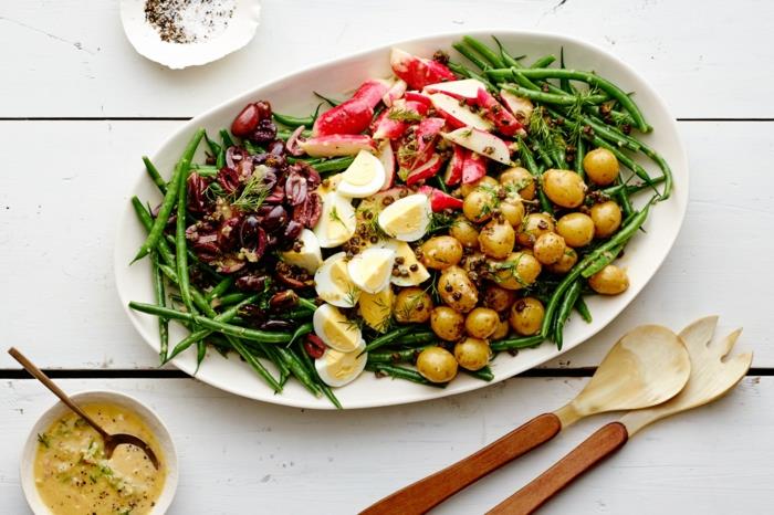 idé till din påsksallad, sallad med sparris, rädisor, potatis, bönor, exempel på en påsksalladsmeny