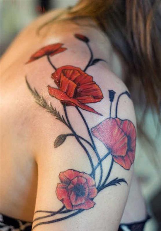 Tatuering blomma axel kvinna färger vallmo arm