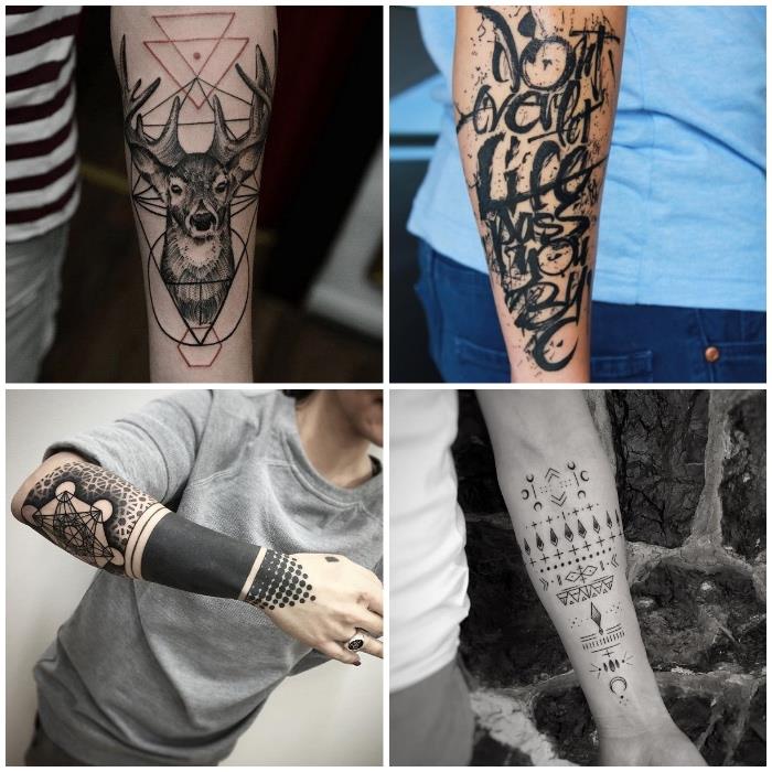 Idee tatuaggio uomo con quattro tatto di con scritte, geometriche e animali form