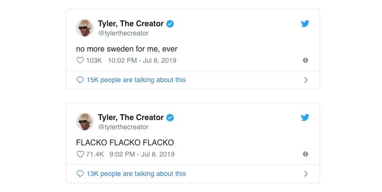 screenshot Twitter účet Tyler, oficiálny tvorca, ktorý píše, že už nechce ísť do Švédska