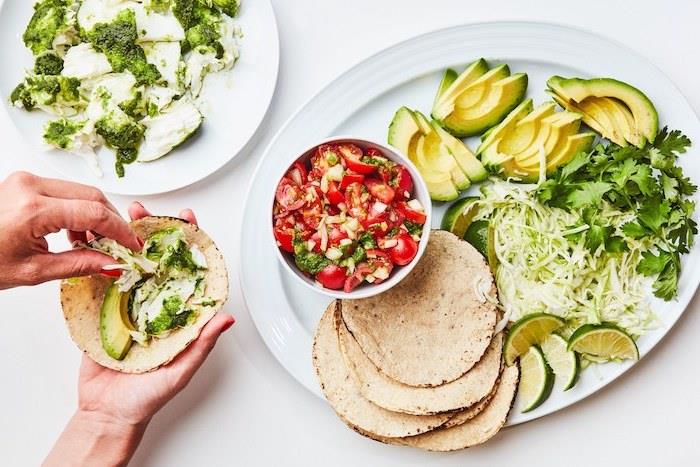 tortillainpackningar, avokadoskivor, på en vit tallrik, hur man lagar tacokött, salsasås, i en vit skål